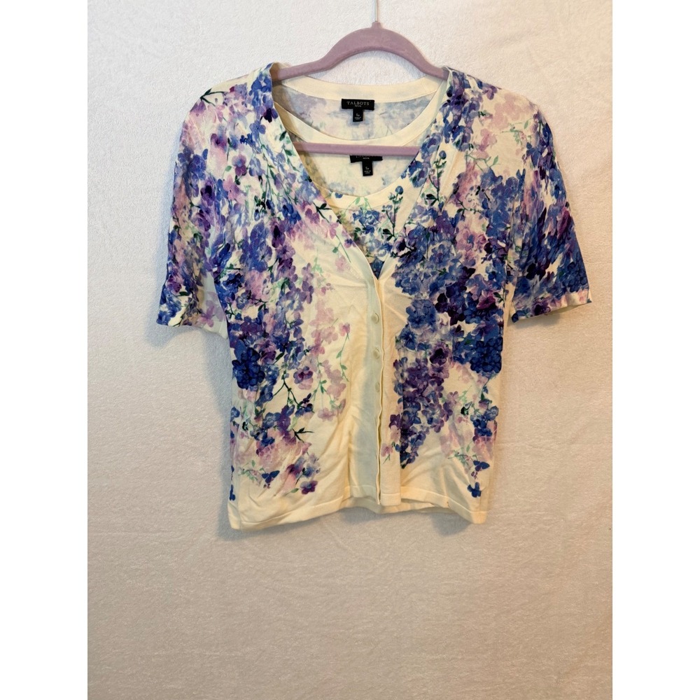 Talbots Petite Wisteria Floral Cardigan & Tank Set Cream Purple Blue SP CN4945